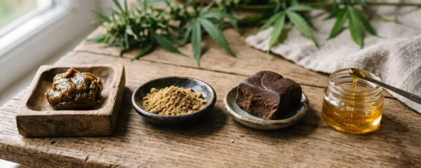 Collection de différentes résines de CBD présentant une variété de textures et de couleurs sur une surface en bois naturel