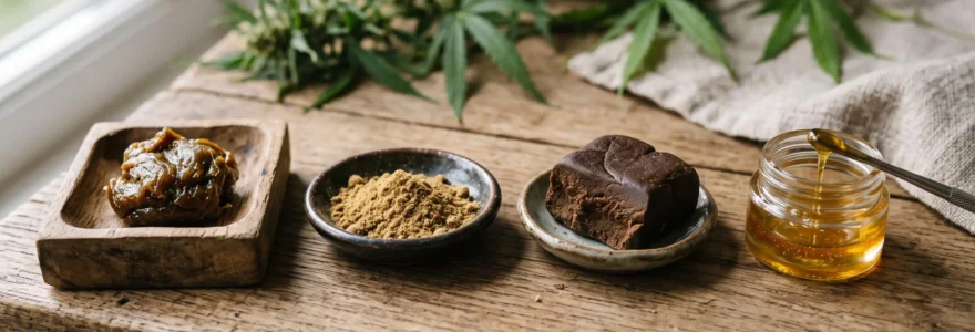 Collection de différentes résines de CBD présentant une variété de textures et de couleurs sur une surface en bois naturel