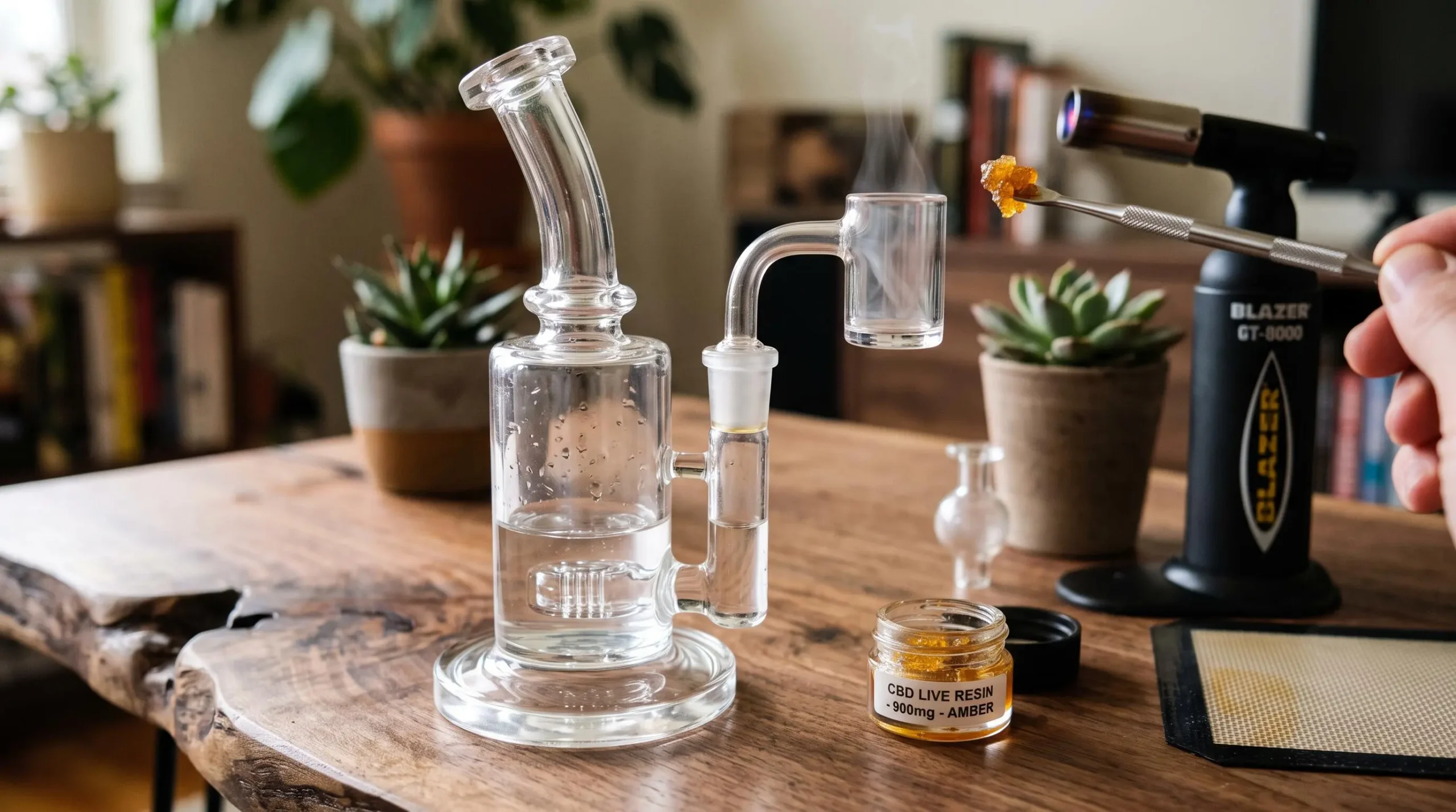 Équipement de dabbing comprenant un dab rig en verre transparent, un banger en quartz et un dabber en titane avec de la résine de CBD concentrée