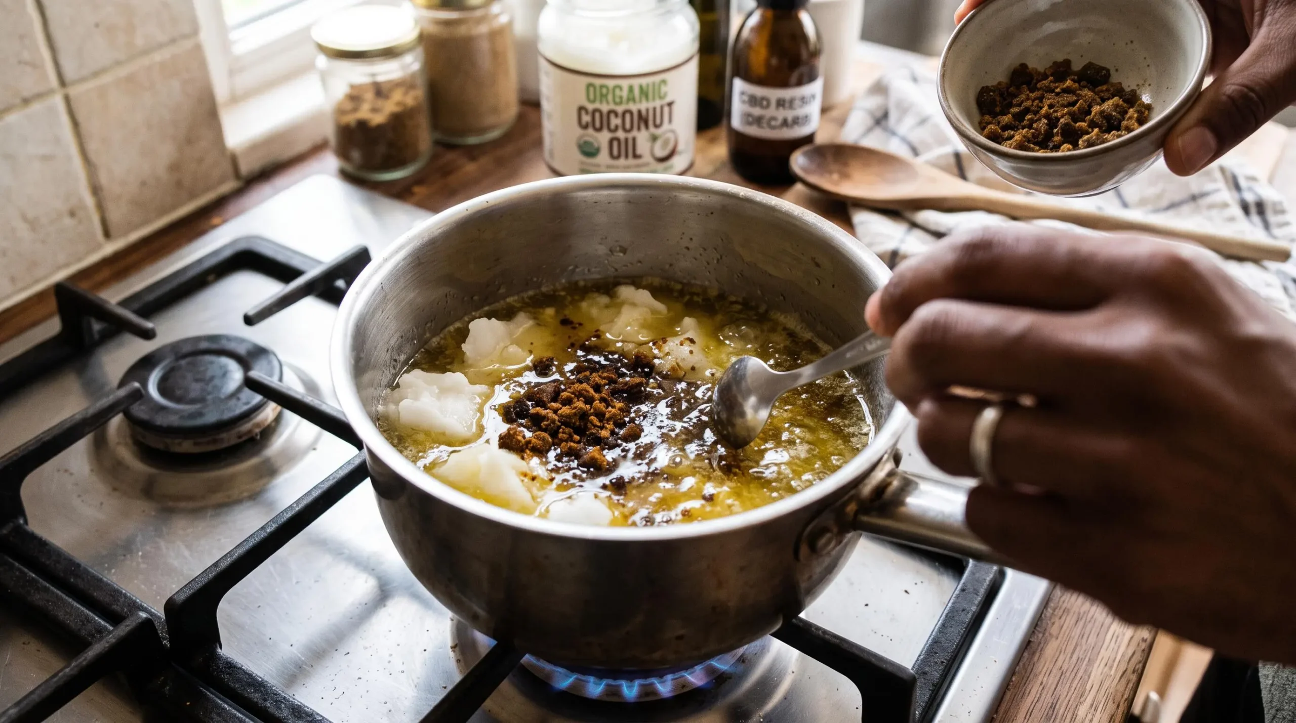 Infusion de résine de CBD décarboxylée dans de l'huile de coco chaude en train de fondre dans une casserole sur cuisinière